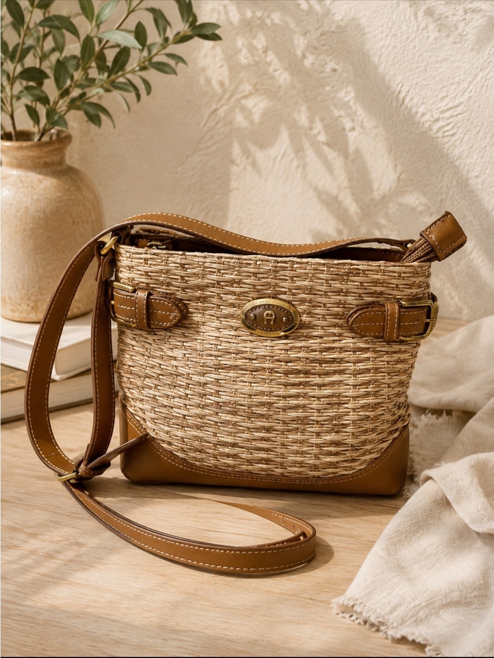 Etienne Aigner Tan Jute Woven Shoulder Bag 26” strap vegan